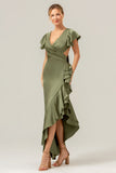 Olive V Neck Backless Sheath Wedding Guest Dress with Ruffles