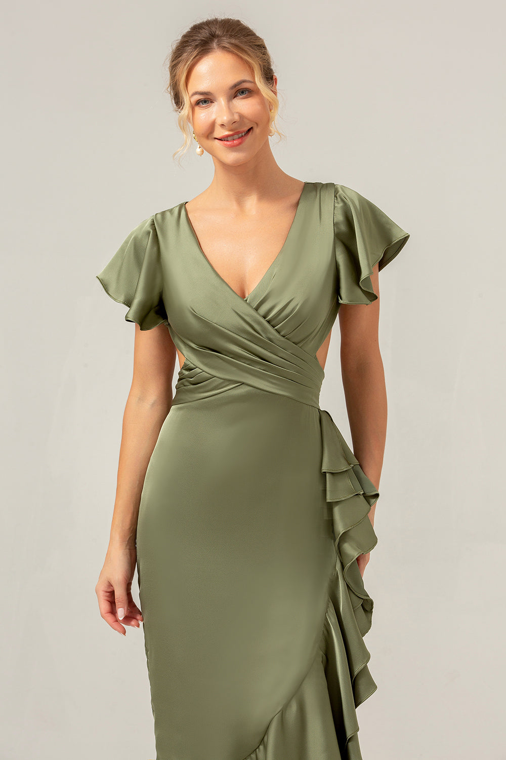 Olive V Neck Backless Sheath Wedding Guest Dress with Ruffles