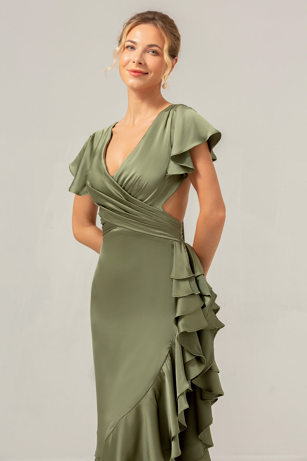 Olive V Neck Backless Sheath Wedding Guest Dress with Ruffles