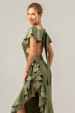 Olive V Neck Backless Sheath Wedding Guest Dress with Ruffles