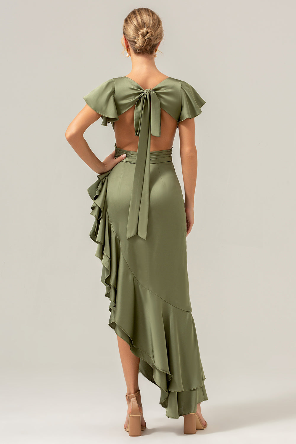 Olive V Neck Backless Sheath Wedding Guest Dress with Ruffles