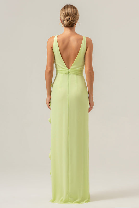 Lime Deep V Neck Ruffles Long Bridesmaid Dress with Slit