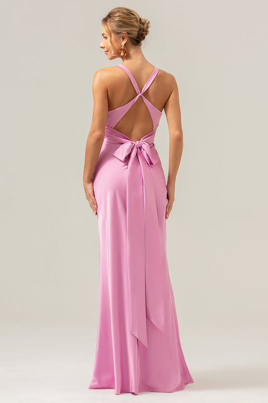 Pink V-Neck Mermaid Satin Long Bridesmaid Dress