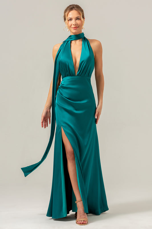 Peacock Sheath V-Neck Backless Long Bridesmaid Dress with Slit