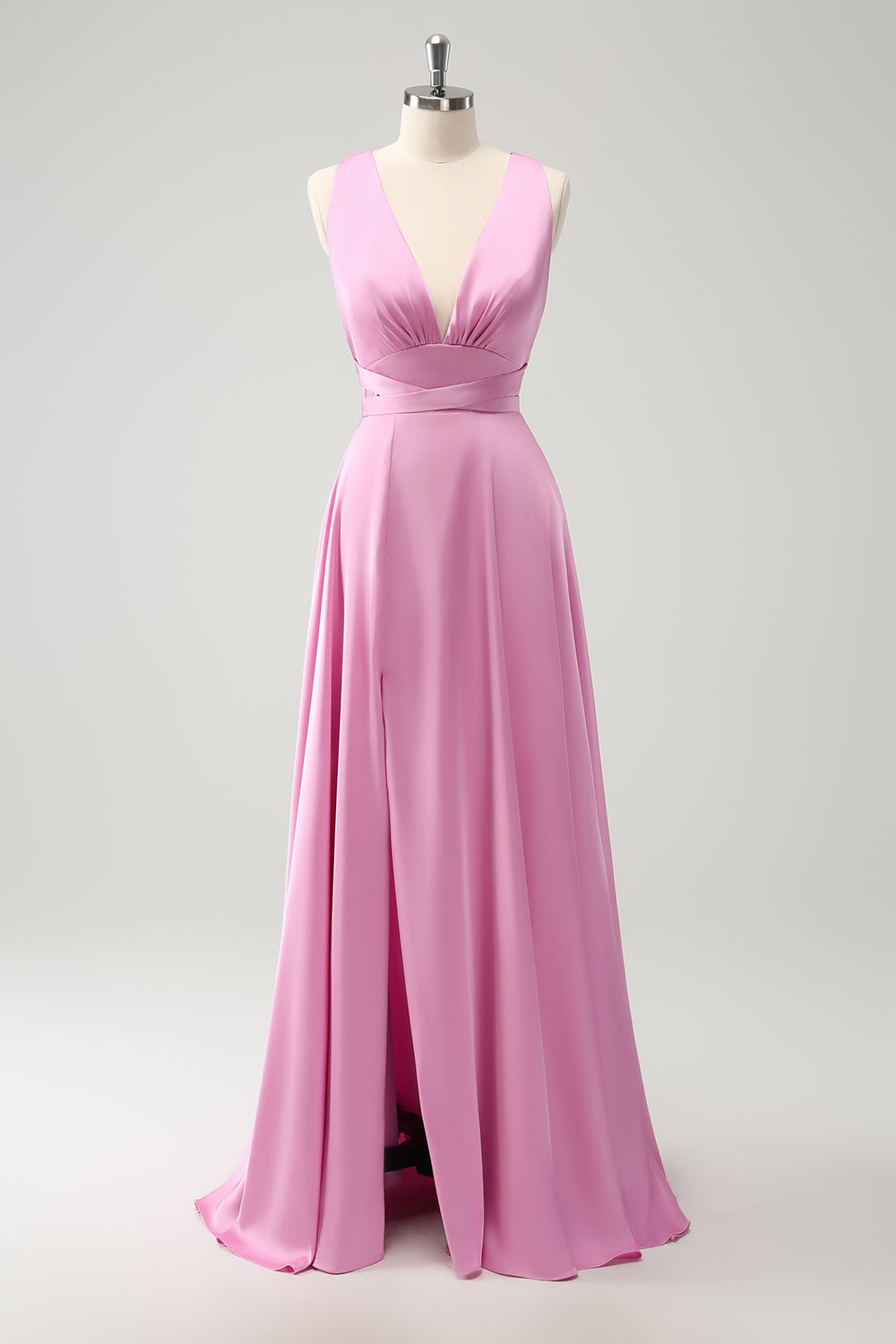 Pink A Line V-Neck Backless Bridesmaid Dress with Slit