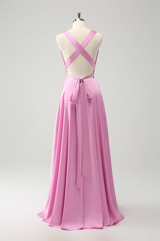 Pink A Line V-Neck Backless Bridesmaid Dress with Slit