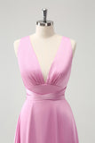 Pink A Line V-Neck Backless Bridesmaid Dress with Slit