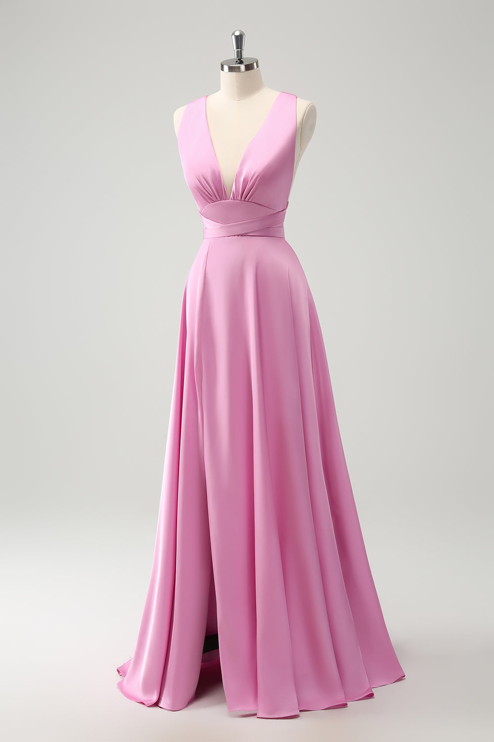 Pink A Line V-Neck Backless Bridesmaid Dress with Slit