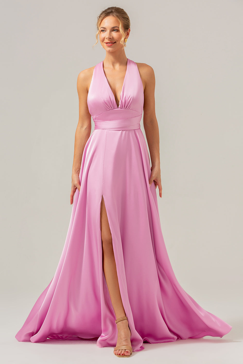 Pink A Line V-Neck Backless Long Bridesmaid Dress with Slit