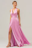 Pink A Line V-Neck Backless Long Bridesmaid Dress with Slit