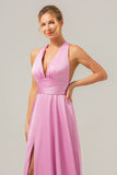 Pink A Line V-Neck Backless Long Bridesmaid Dress with Slit