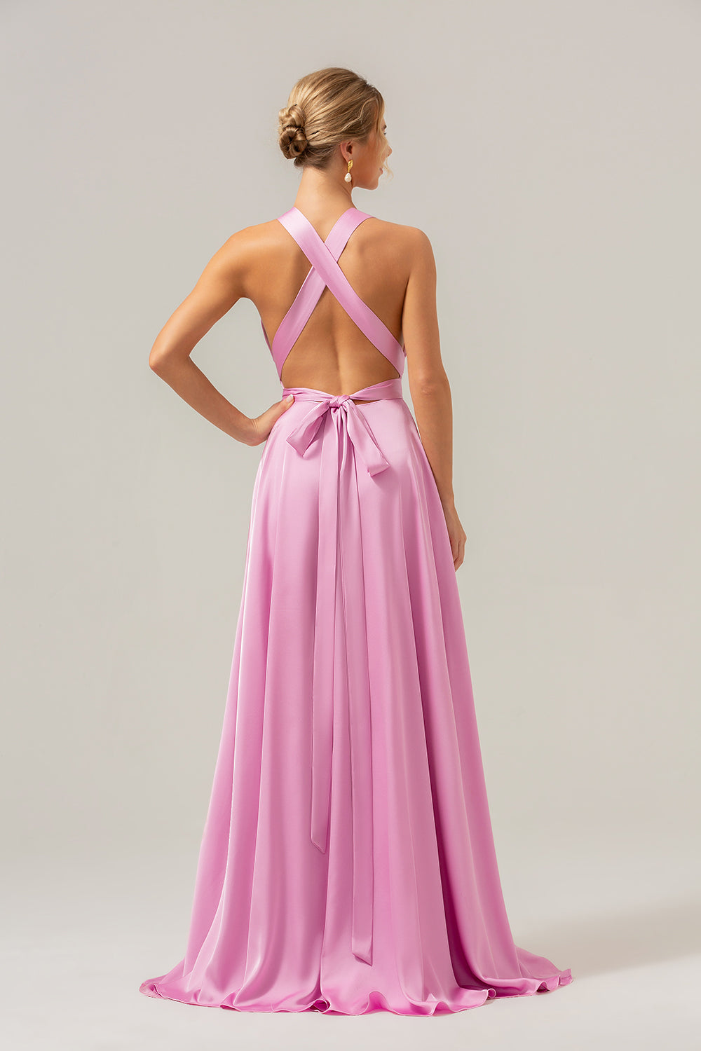 Pink A Line V-Neck Backless Long Bridesmaid Dress with Slit