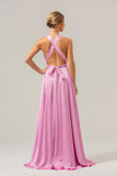 Pink A Line V-Neck Backless Long Bridesmaid Dress with Slit