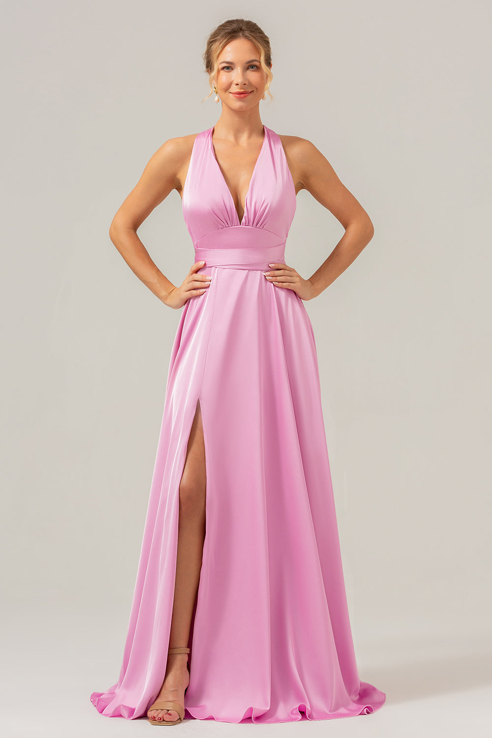 Pink A Line V-Neck Backless Long Bridesmaid Dress with Slit