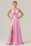 Pink A Line V-Neck Backless Long Bridesmaid Dress with Slit