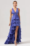 Purple V-Neck Ruffled Long Bridesmaid Dress With Slit