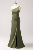 Olive One Shoulder Mermaid Satin Long Bridesmaid Dress