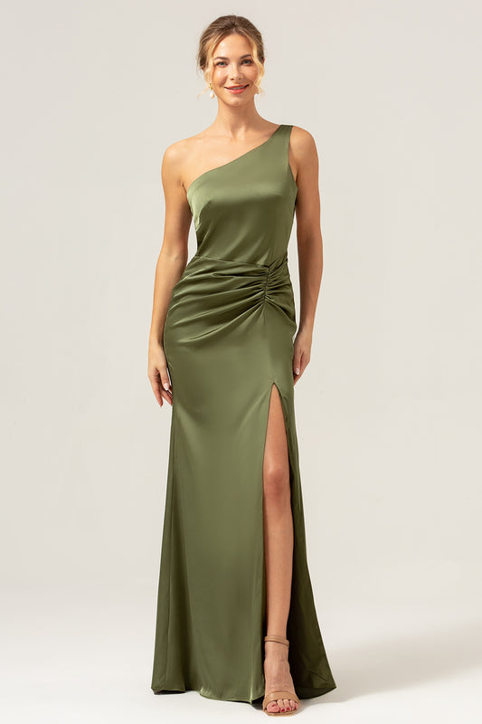 Olive One Shoulder Mermaid Satin Long Bridesmaid Dress with Slit