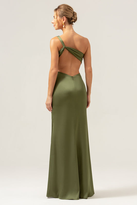 Olive One Shoulder Mermaid Satin Long Bridesmaid Dress with Slit