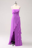 Tahiti Ruffled Spaghetti Straps Chiffon Long Bridesmaid Dress with Slit