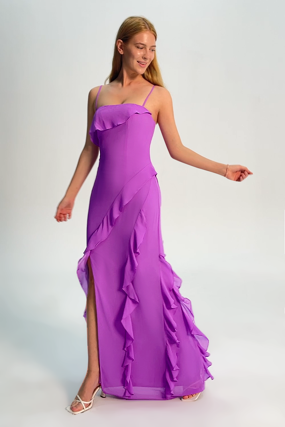 Tahiti Ruffled Spaghetti Straps Chiffon Long Bridesmaid Dress with Slit