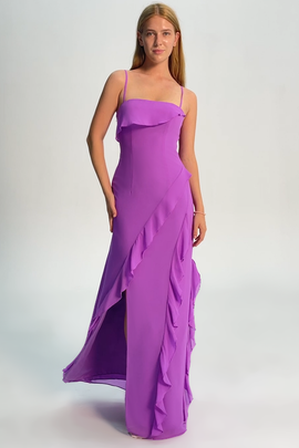 Tahiti Ruffled Spaghetti Straps Chiffon Long Bridesmaid Dress with Slit