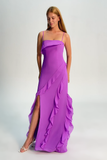 Tahiti Ruffled Spaghetti Straps Chiffon Long Bridesmaid Dress with Slit