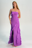 Tahiti Ruffled Spaghetti Straps Chiffon Long Bridesmaid Dress with Slit