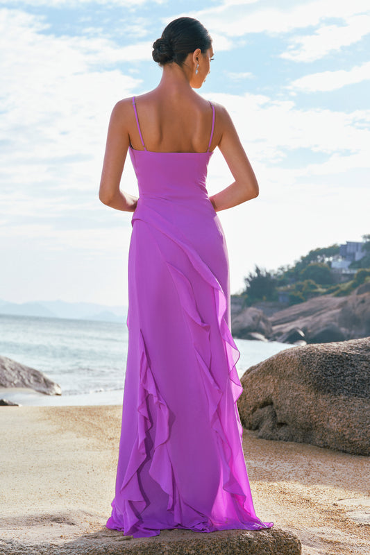 Tahiti Spaghetti Straps Chiffon Ruffled Long Bridesmaid Dress with Slit