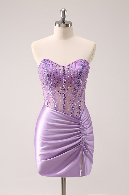 Lilac Strapless Sequins Corset Ruched Tight Homecoming Dress