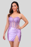 Sparkly Lilac Corset Strapless Tight Short Homecoming Dress with Slit