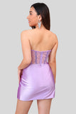 Sparkly Lilac Corset Strapless Tight Short Homecoming Dress with Slit