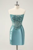 Glitter Peacock Blue Bodycon Strapless Corset Appliques Homecoming Dress