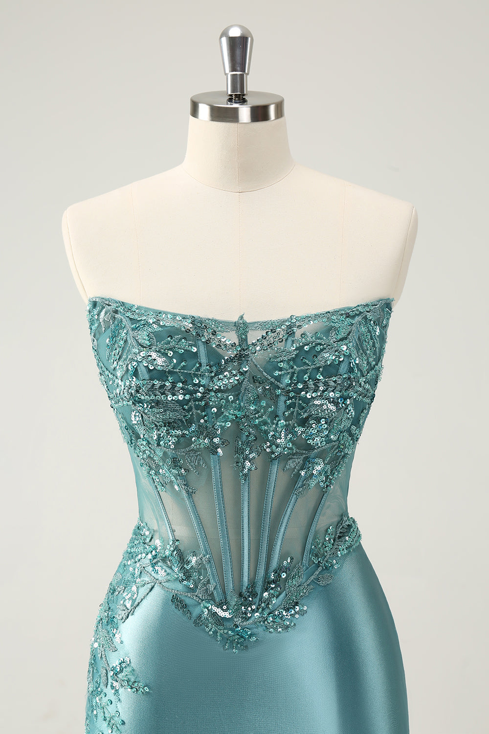 Glitter Peacock Blue Bodycon Strapless Corset Appliques Homecoming Dress