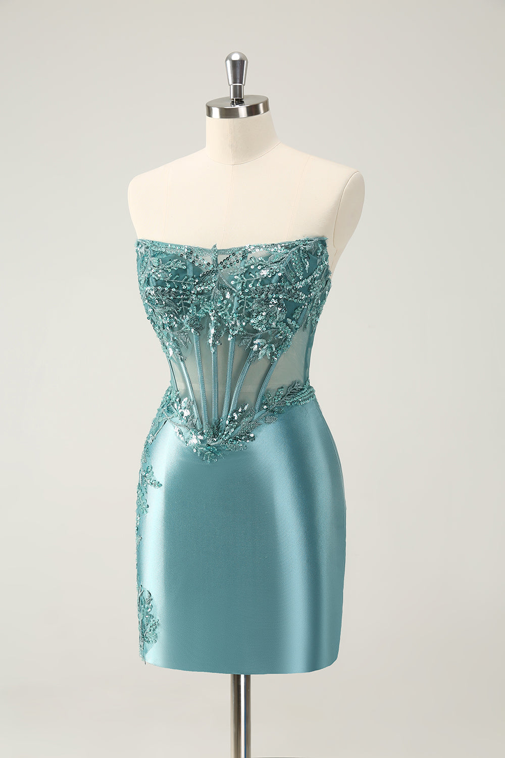 Glitter Peacock Blue Bodycon Strapless Corset Appliques Homecoming Dress