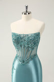 Glitter Peacock Blue Bodycon Strapless Corset Appliques Homecoming Dress