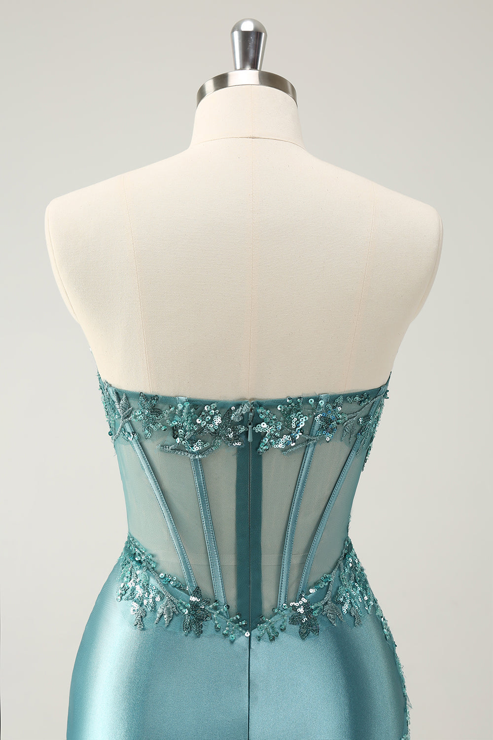 Glitter Peacock Blue Bodycon Strapless Corset Appliques Homecoming Dress