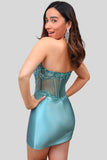 Glitter Peacock Blue Tight Strapless Corset Homecoming Dress with Lace