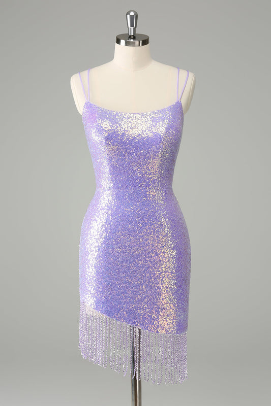 Sparkly Lilac Bodycon Sequins Short Homecoming Dress with Tassels