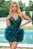 Glitter Dark Green Tight Sequins Homecoming Dress with Detachable Ruffles