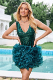 Glitter Dark Green Tight Sequins Homecoming Dress with Detachable Ruffles