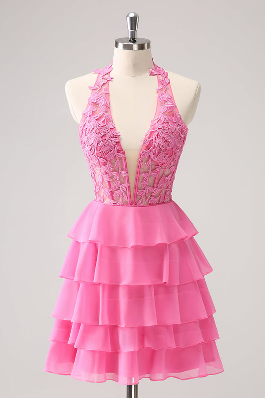 Hot Pink A Line Halter Tiered Corset Short Homecoming Dress