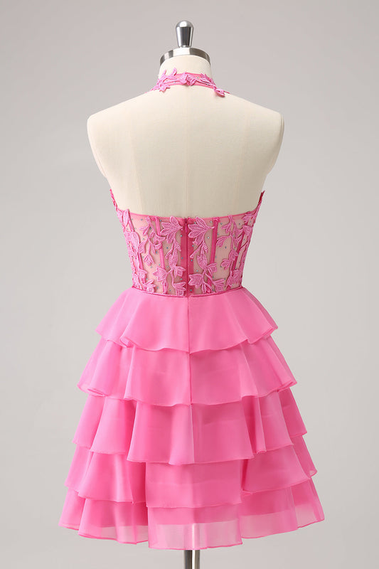 Hot Pink A Line Halter Tiered Corset Short Homecoming Dress