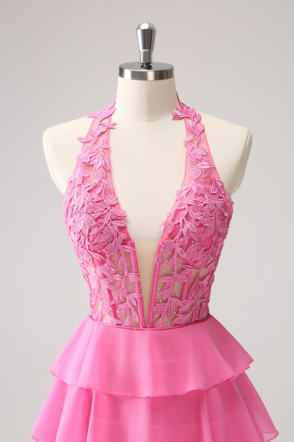 Hot Pink A Line Halter Tiered Corset Short Homecoming Dress