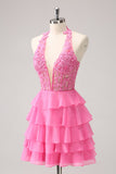 Hot Pink A Line Halter Tiered Corset Short Homecoming Dress