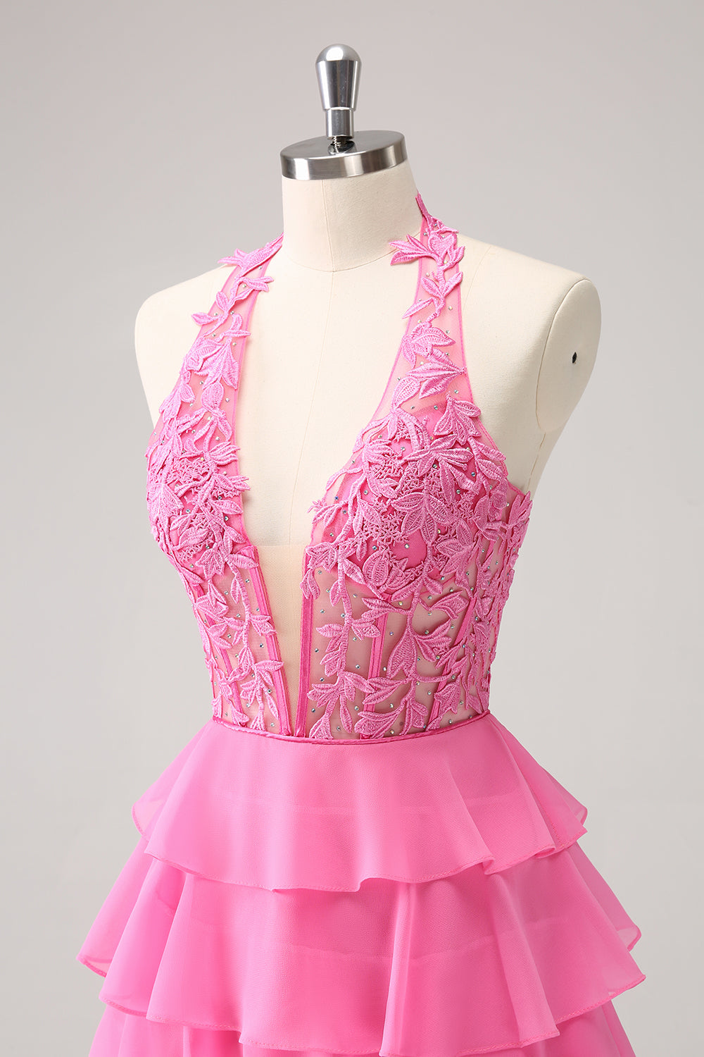 Hot Pink A Line Halter Tiered Corset Short Homecoming Dress