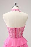 Hot Pink A Line Halter Tiered Corset Short Homecoming Dress