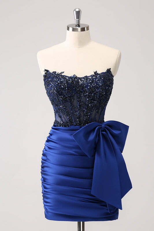 Sparkly Navy Strapless Beaded Appliques Tight Homecoming Dress