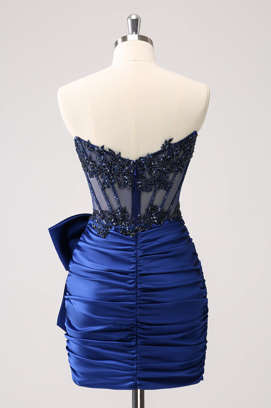 Sparkly Navy Strapless Beaded Appliques Tight Homecoming Dress