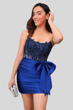 Sparkly Navy Strapless Beaded Tight Short Homecoming Dress with Lace